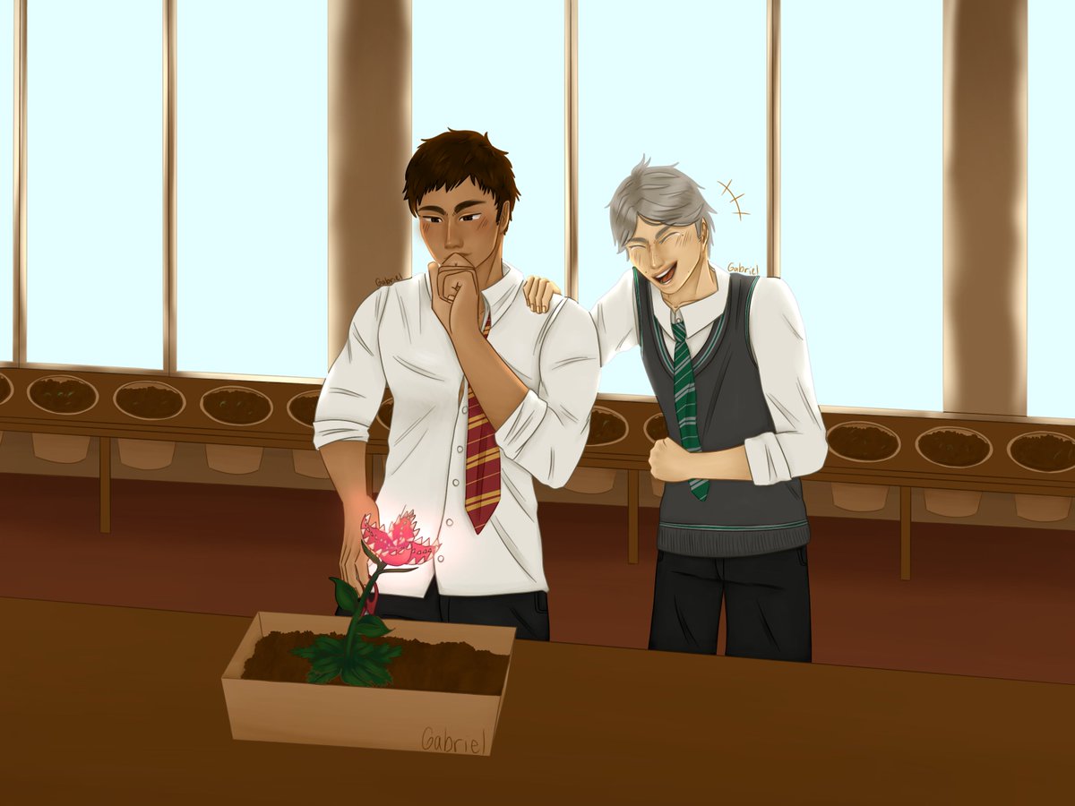Daichi and Suga working on an assignment together in Herbology. Suga is laughing and Daichi looks embarrassed.