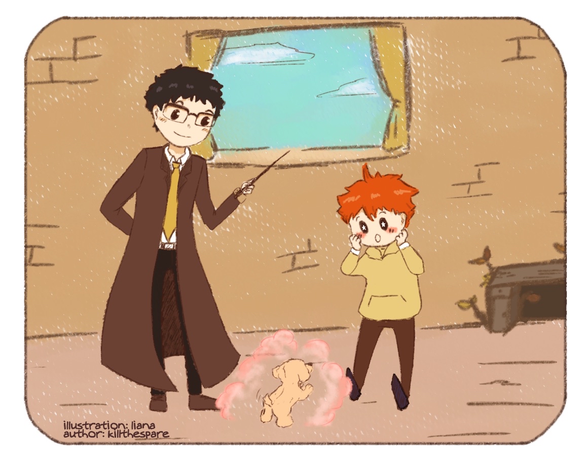 Takeda Ittetsu and Hinata Shouyou from Haikyuu in a Harry Potter AU. Takeda is holding a wand and smiling at a small dog, while Hinata looks in amazement.