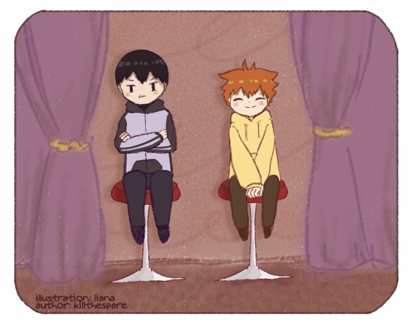 Kageyama Tobio and Hinata Shouyou sitting on stools with red cushions. Kageyama is frowning and Hinata is smiling.