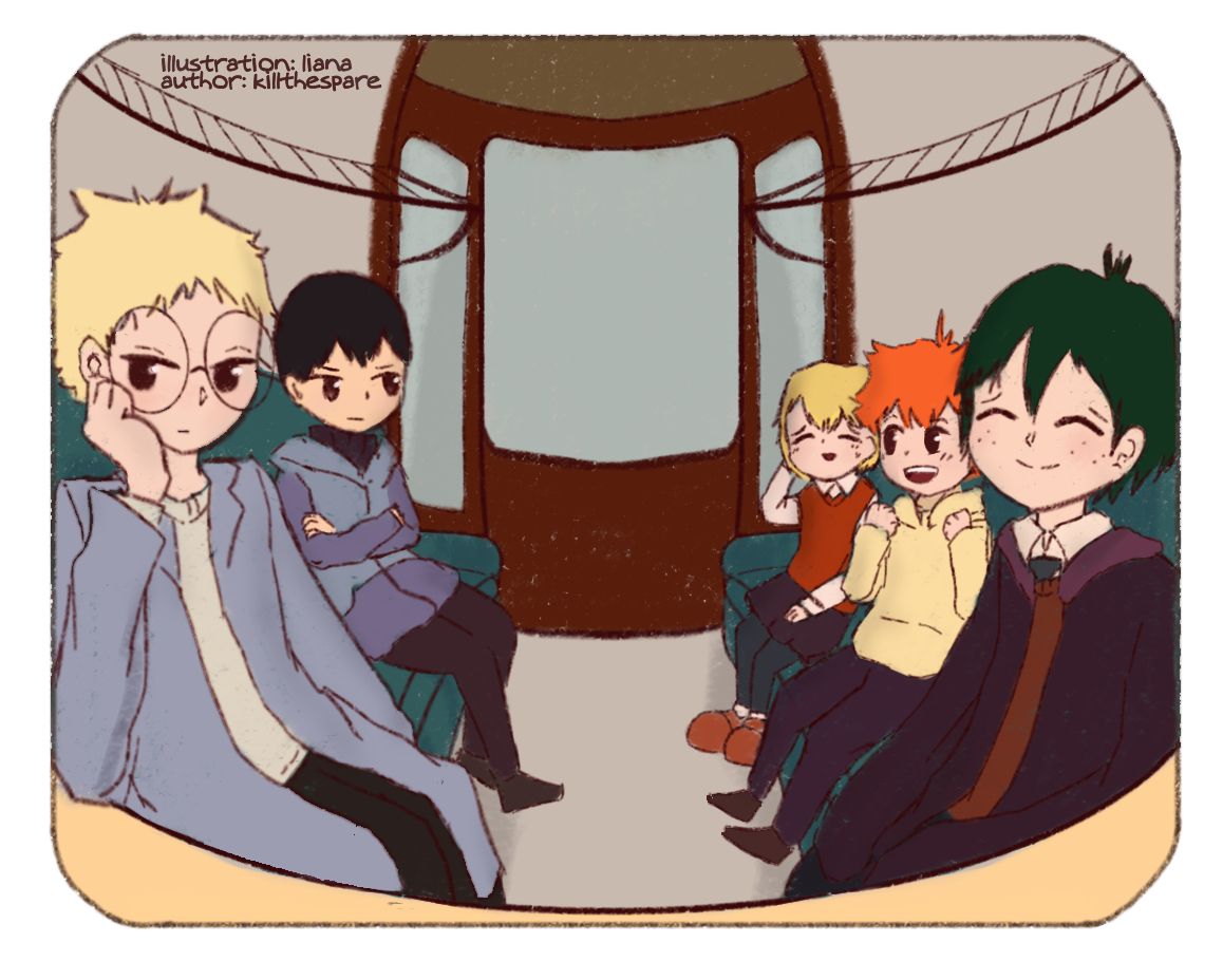 Tsukishima Kei, Kageyama Tobio, Yachi Hitoka, Hinata Shouyou, and Yamaguchi Tadashi sitting together in a train compartment.