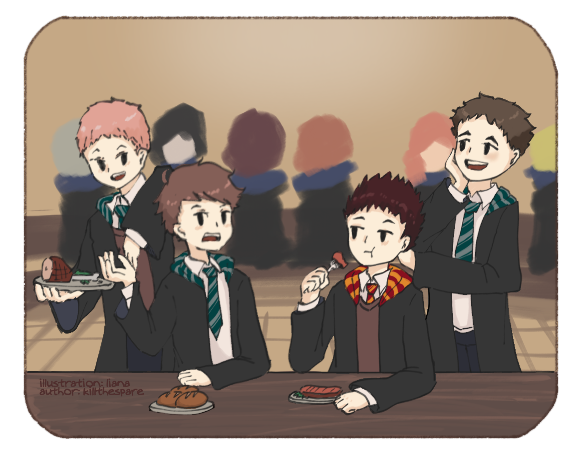Oikawa Tooru, Iwaizumi Hajime, Hanamaki Takahiro, and Matsukawa Issei in the Hogwarts Great Hall. Oikawa and Iwaizumi are sitting at a table, with Hanamaki and Matsukawa standing on either side of them. Oikawa is talking while Iwaizumi eats. All of them are wearing Slytherin uniforms except Iwaizumi, who is Gryffindor. Several unidentifiable students are walking in the background.