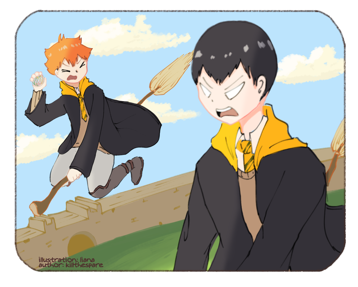 Kageyama Tobio and Hinata Shouyou are throwing a ball through the air while riding brooms, both looking angry.