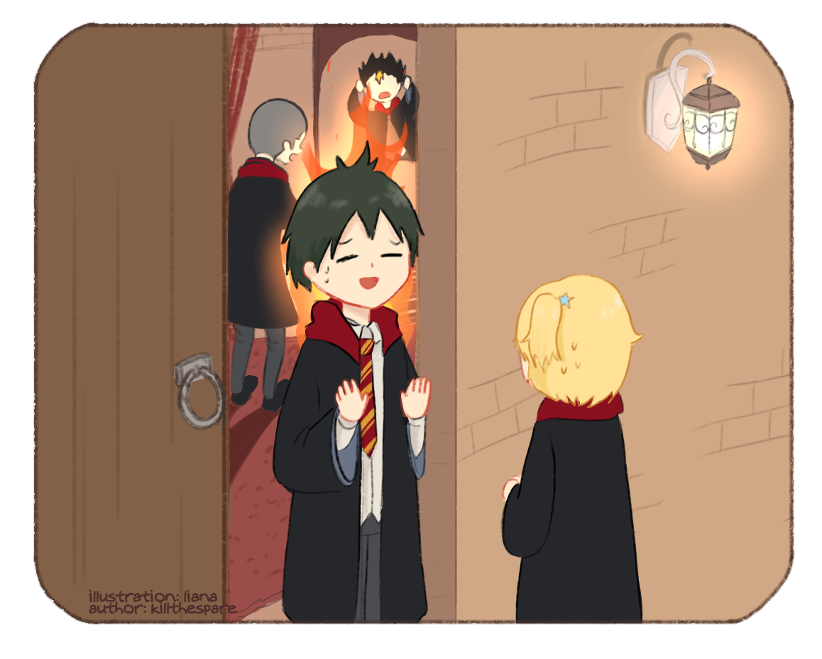 Yamaguchi is standing in front of his Gryffindor dorm, smiling nervously at Yachi. Tanaka and Nishinoya are inside the dorm, exclaiming over something on fire.