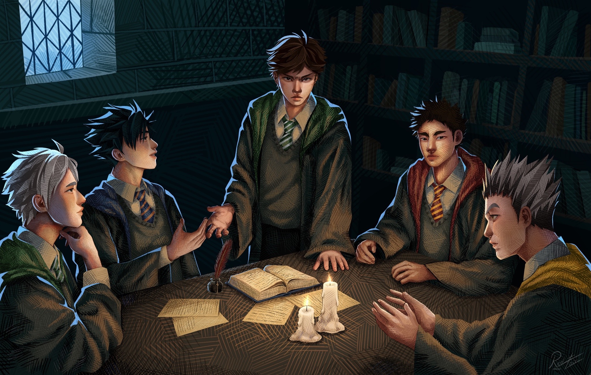 The members of the Investigators' Club sitting around a table in a library at night. Oikawa is standing in the middle while Suga, Kuroo, Iwaizumi and Bokuto look up at him.